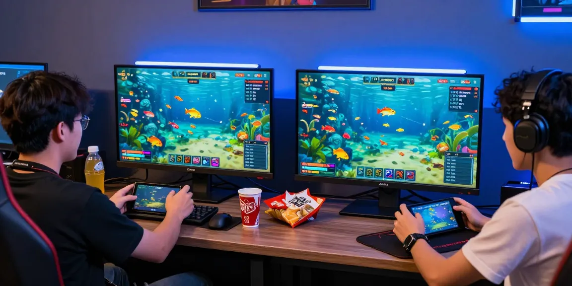 Engaged players enjoying 78win's thrilling fish shooting games in a vibrant gaming setup.