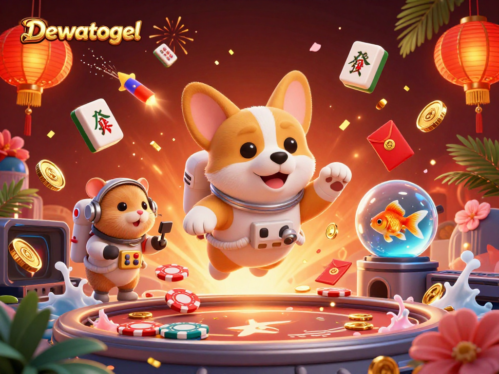 Dewatogel sebagai situs togel online terpercaya dengan ilustrasi astro corgi dan elemen permainan yang melayang.