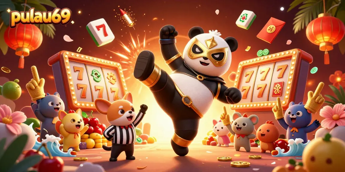Experience the vibrant world of pulau69 with our lively 3D casino scene featuring slot reels and energetic animal characters.