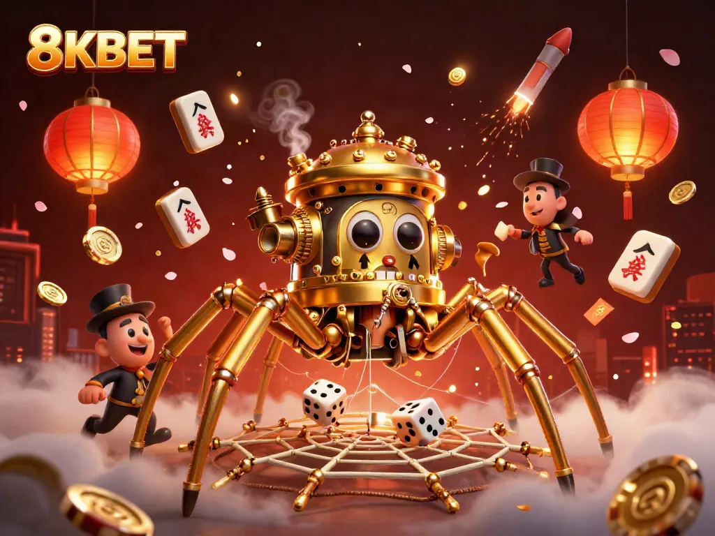 Engage with 8KBET's thrilling casino atmosphere featuring a steampunk spider and playful elements.