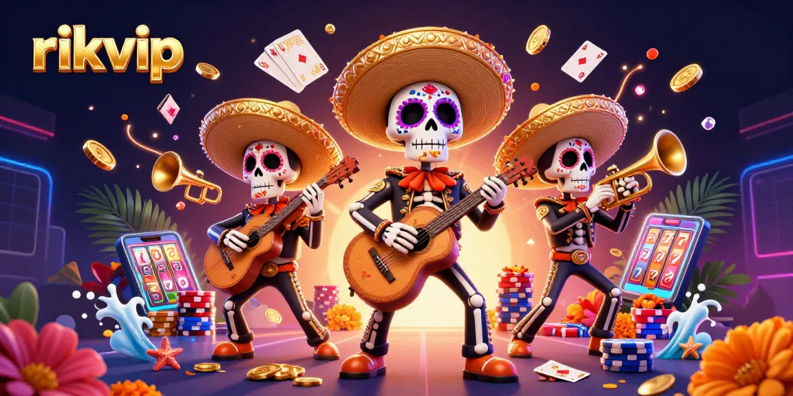 Experience the thrill of rikvip with vibrant casino elements, showcasing lively skeleton mariachis amidst sparkling gems.