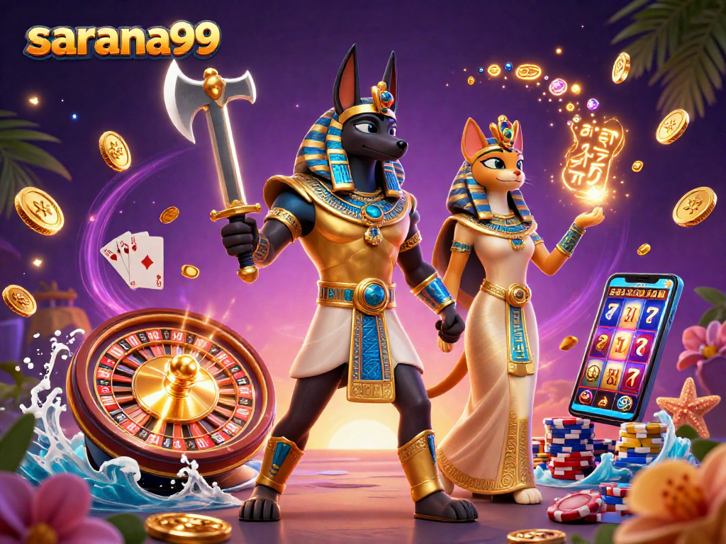 Win big with sarana99 at this vibrant online casino scene featuring Anubis and Bastet.