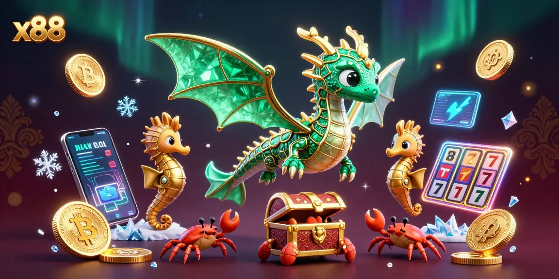 x88 players explore exciting slot games with a majestic sea dragon and treasure chest.