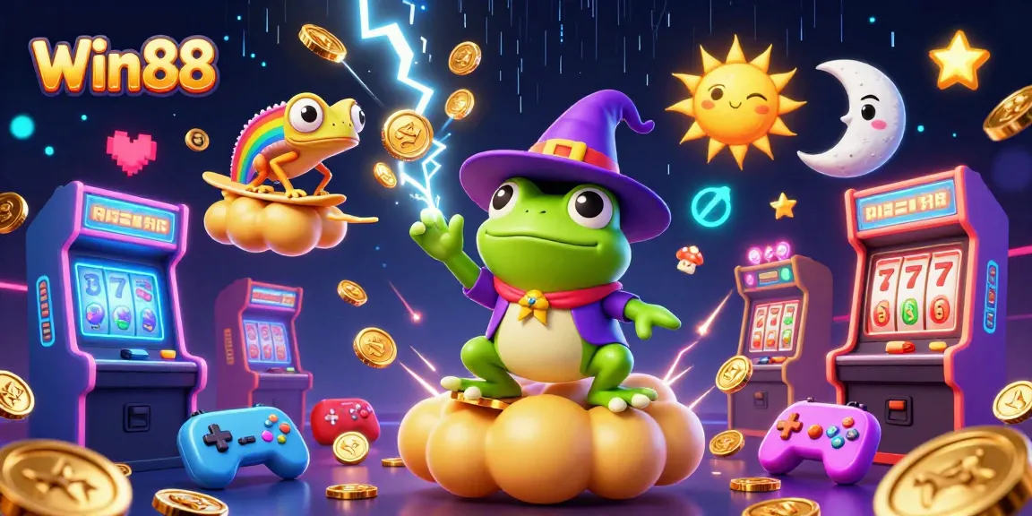Win88 showcases a magical casino scene with a weather wizard frog and vibrant game elements.
