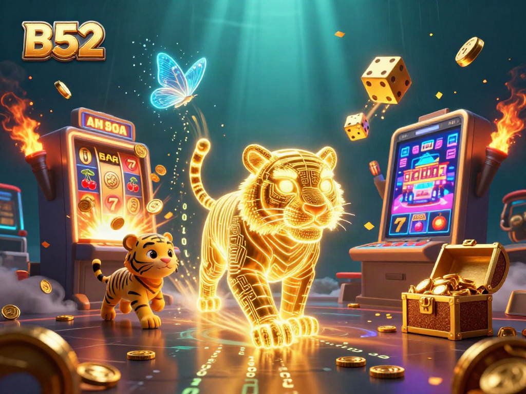 Experience the thrilling B52 casino adventures with a golden tiger and vibrant slot machines in action.