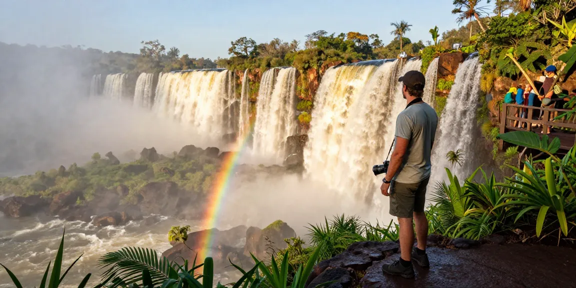 Traveler admiring the Wing Of Iguazu at sunset, surrounded by lush rainforest and breathtaking waterfalls.