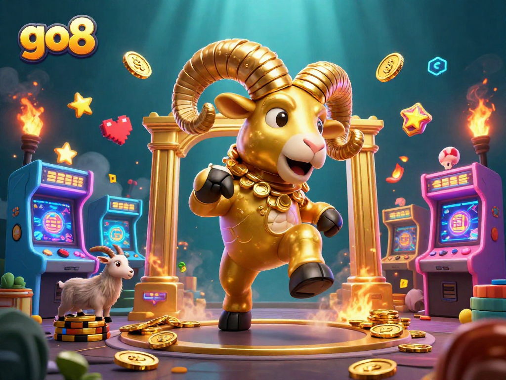 Experience the thrilling action at go8's online casino with golden ram charging through golden gates amidst vibrant gaming elements.