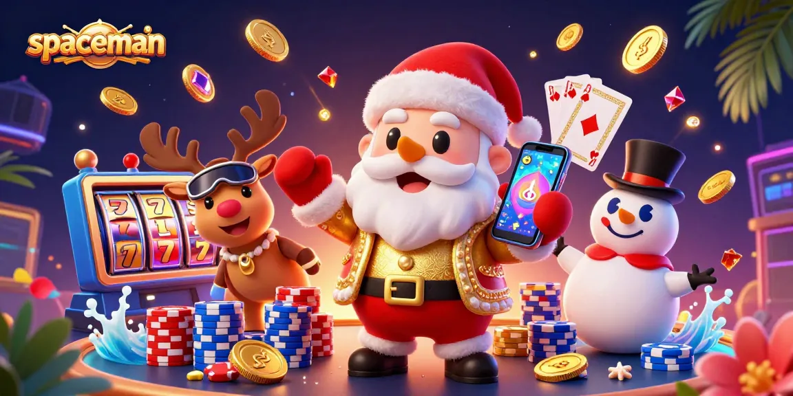 Play exciting slot games with spaceman Santa and friends in a vibrant casino scene.