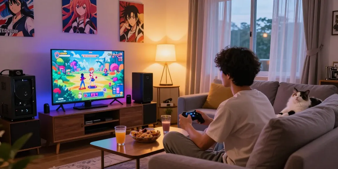 Engaging gaming scene featuring players enjoying hentai games on a cozy sofa with vibrant visuals.