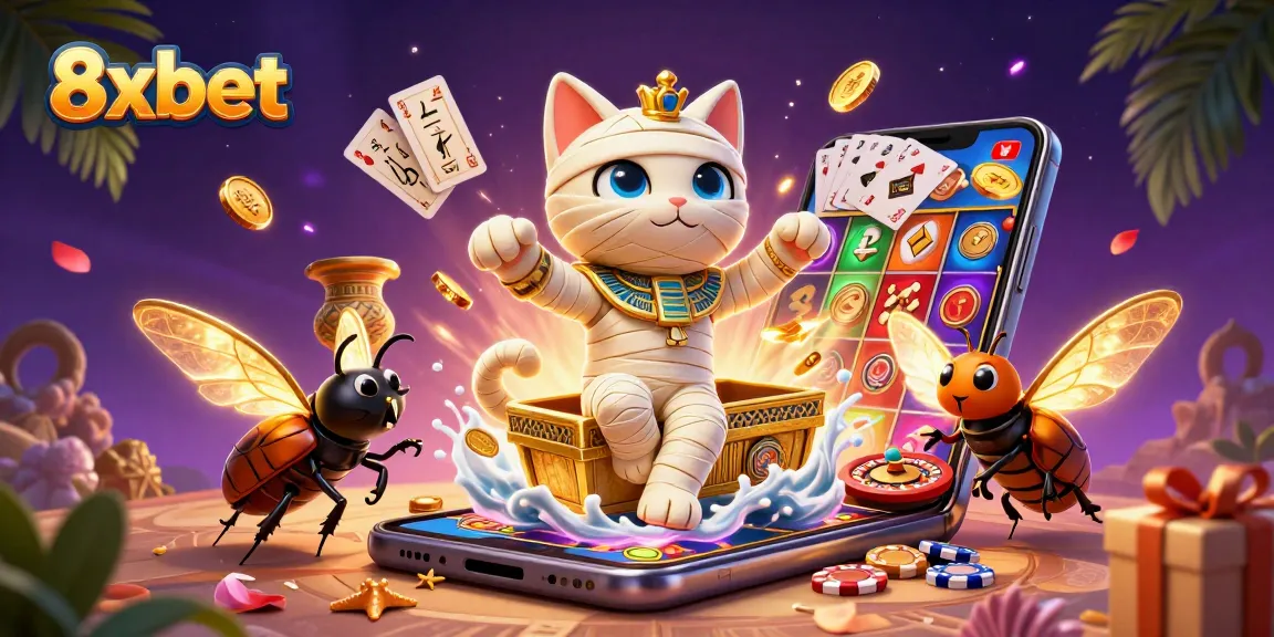 8xbet engages players with a dynamic casino scene featuring a mummy cat and glowing scarab.