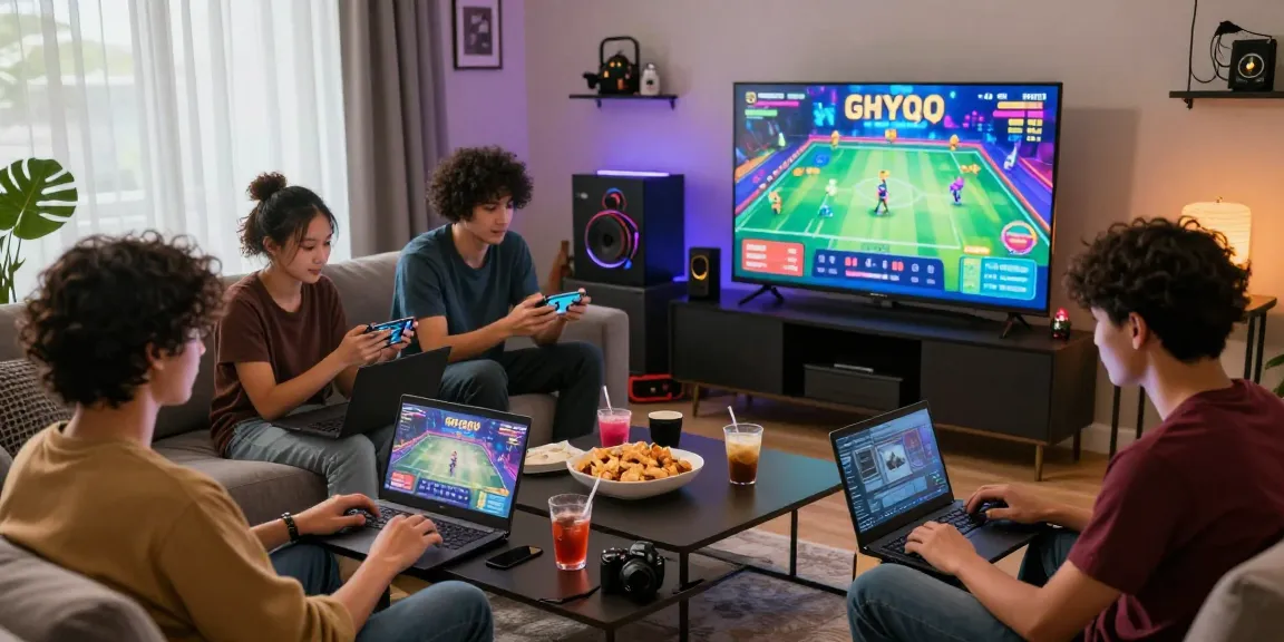 Group of friends enjoying SlotQQ QQHOLIC gaming experience in a vibrant living room.