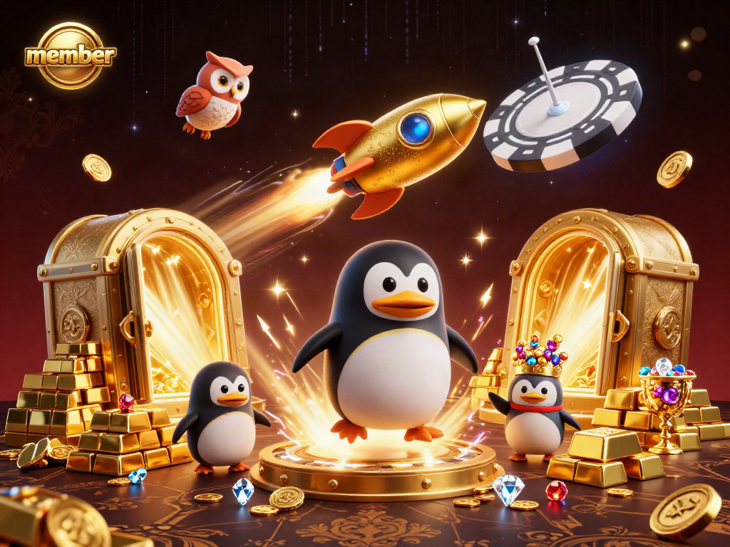 Join the member adventure with a golden penguin soaring through a casino galaxy!