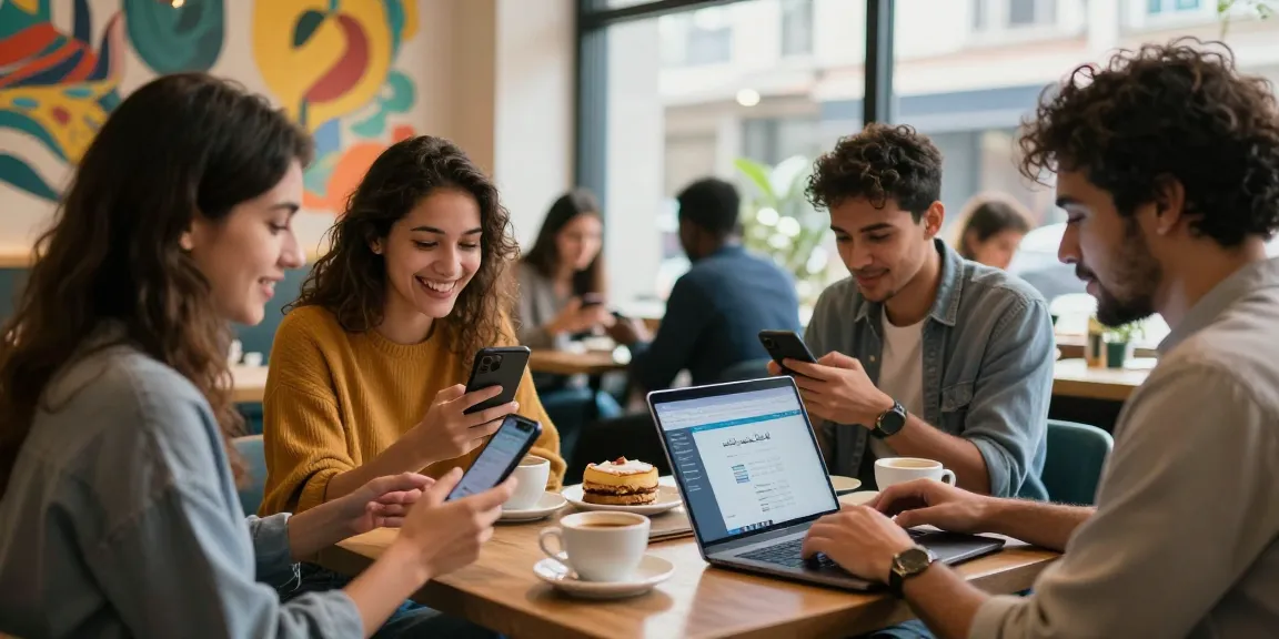 Engaging scene of young adults using شات الخليج for socializing in a vibrant café setting.