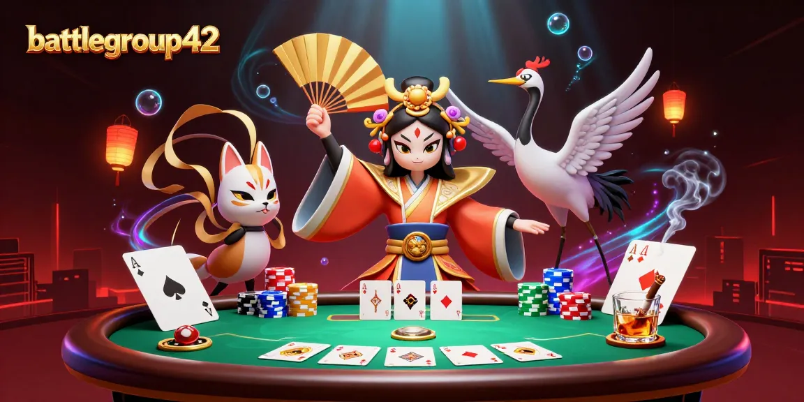 Experience the excitement of battlegroup42 with kabuki warriors and poker action in a vibrant, dynamic casino illustration.