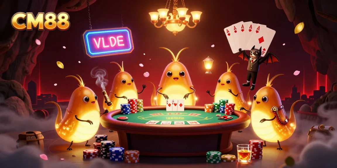 CM88's vibrant casino scene illustrated with glowworms and a bat dealer, showcasing poker excitement.