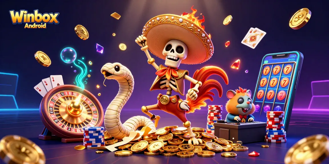 Winbox Android allows users to win big with dynamic gameplay, celebrating with gold coins and characters.