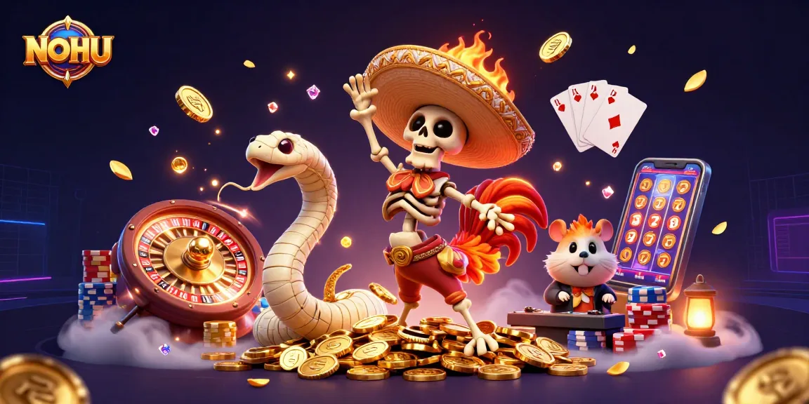 Join the vibrant NOHU casino scene with animated characters dancing amidst riches and excitement.