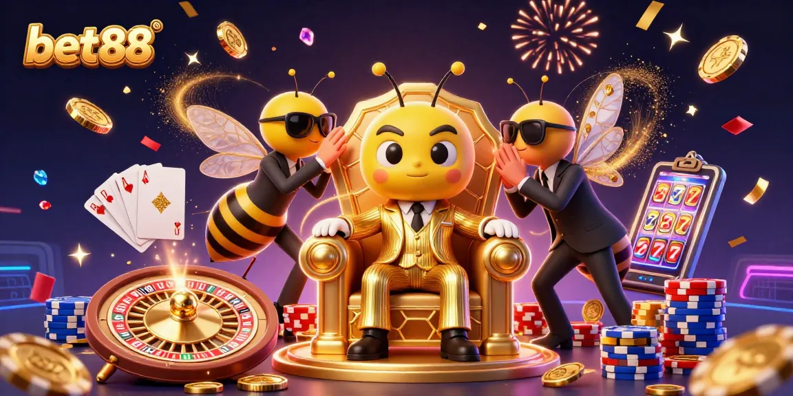 Experience thrilling wins at bet88 with a dynamic 3D casino scene full of vibrant gaming elements.