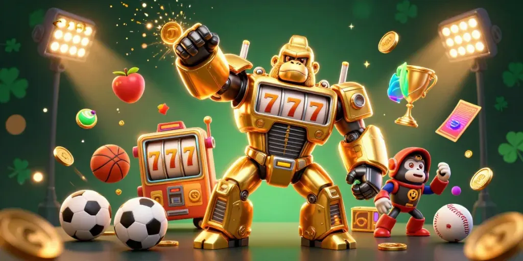 Gorila emas bersenjatakan mesin slot menembakkan koin dan simbol keberuntungan dalam permainan slot.
