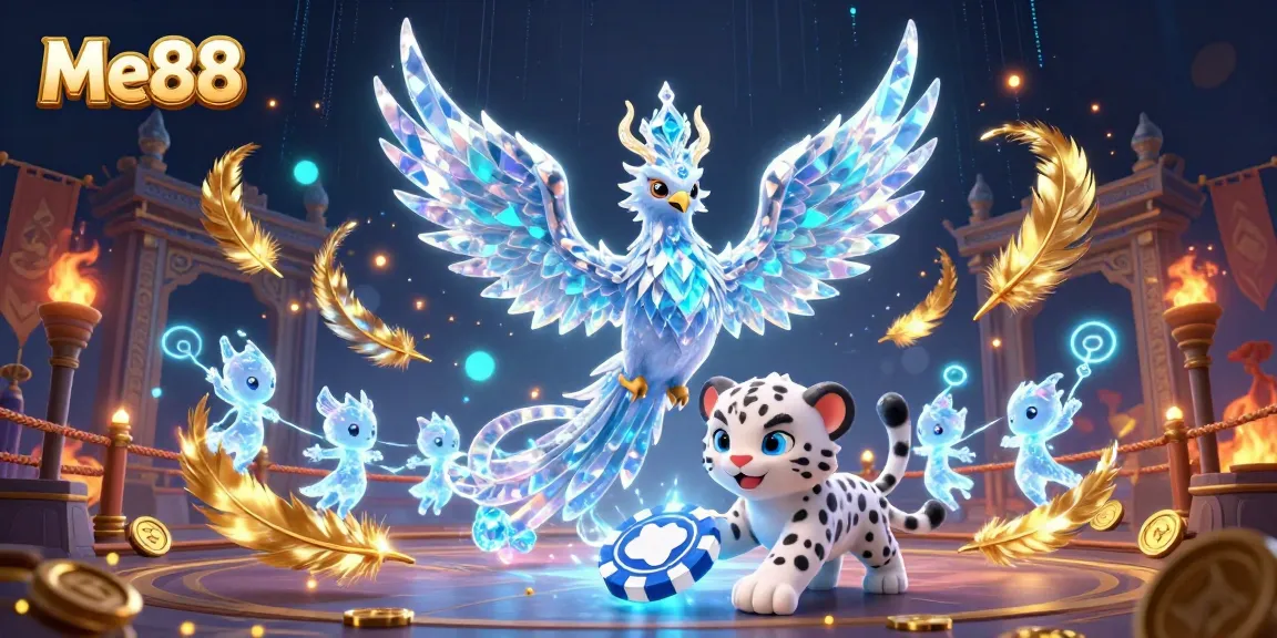 Engage with Me88 at an extraordinary casino realm filled with a magical ice phoenix and enchanting sprite dancers.