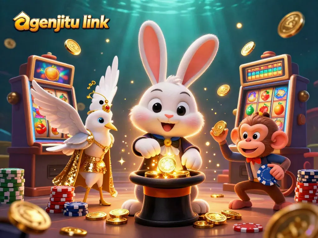 Visualisasi agenjitu link dengan kelinci penyihir menarik koin emas untuk permainan slot yang menarik.