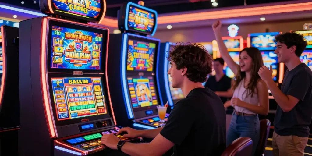 Exciting scene of a player engaged with a vibrant slot gacor machine surrounded by friends in a lively casino atmosphere.