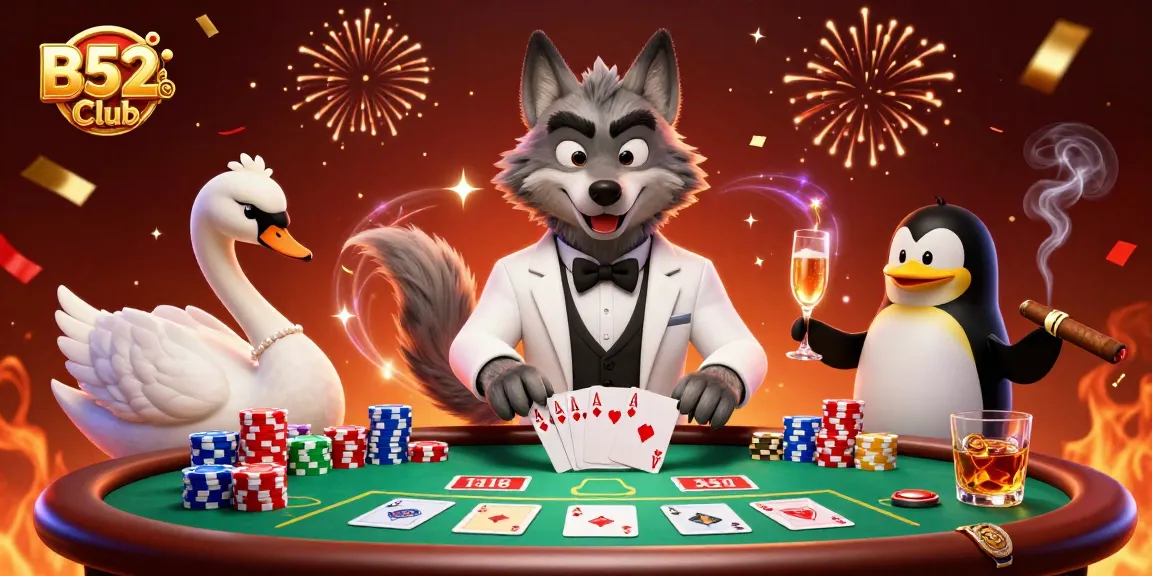 Bets and victories come alive at B52Club with a lively illustration featuring a wolf, swan, and penguin in a gaming atmosphere.