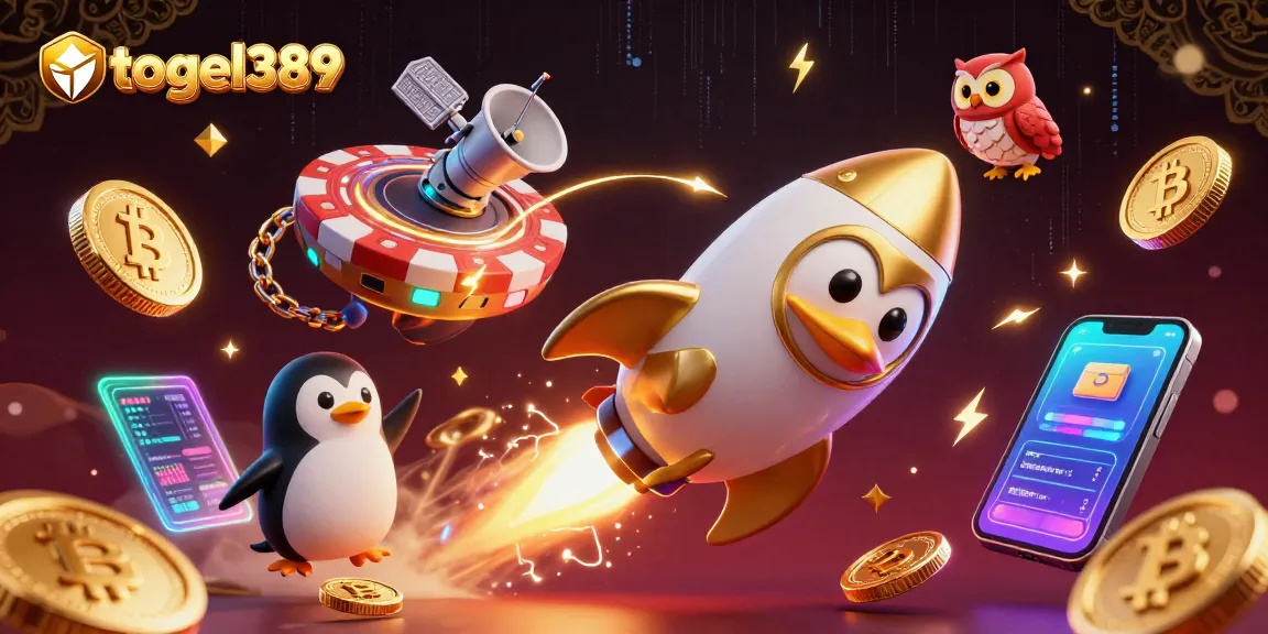 Engage with togel389, the fastest lottery portal, featuring a rocket penguin and casino elements in an exciting 3D scene.