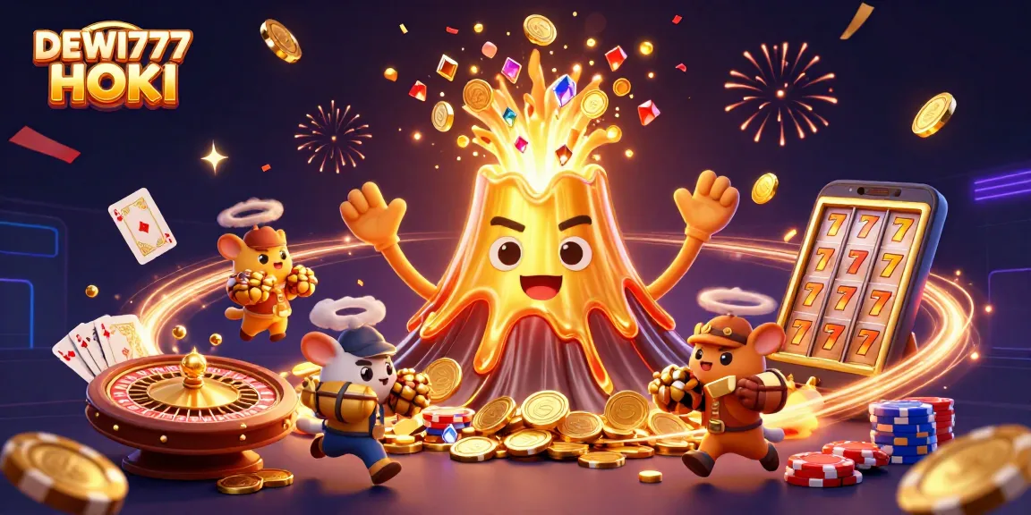Spin for riches with DEWI777 HOKI: a vibrant 3D scene of a gold volcano and treasure.