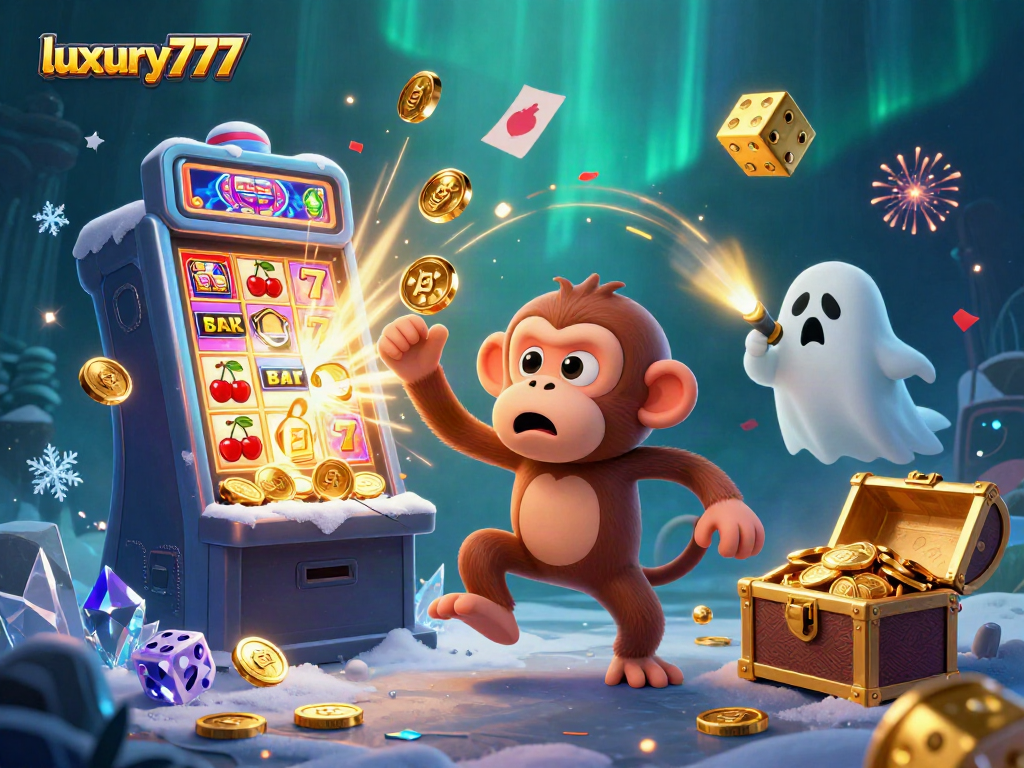Permainan slot luxury777 dengan kejutan koin yang melimpah dan karakter menarik dalam suasana kasino yang menakutkan.