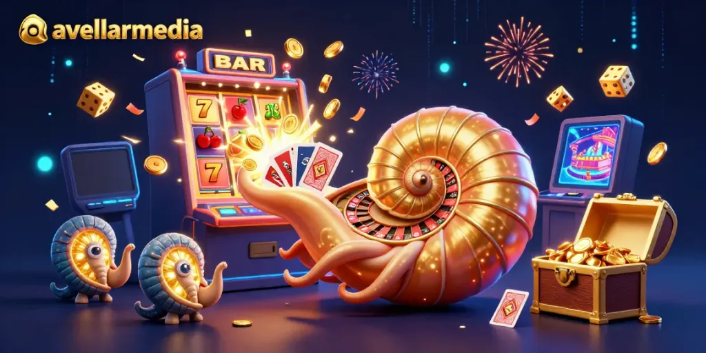 Engage with avellarmedia's vibrant casino scene featuring a giant nautilus and slot machine.