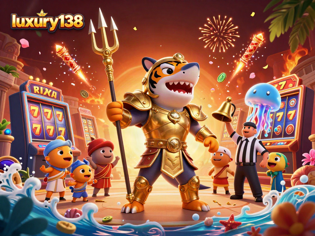 Permainan judi di luxury138 dengan hiu kartun bersenjata tridents saat bermain slot.