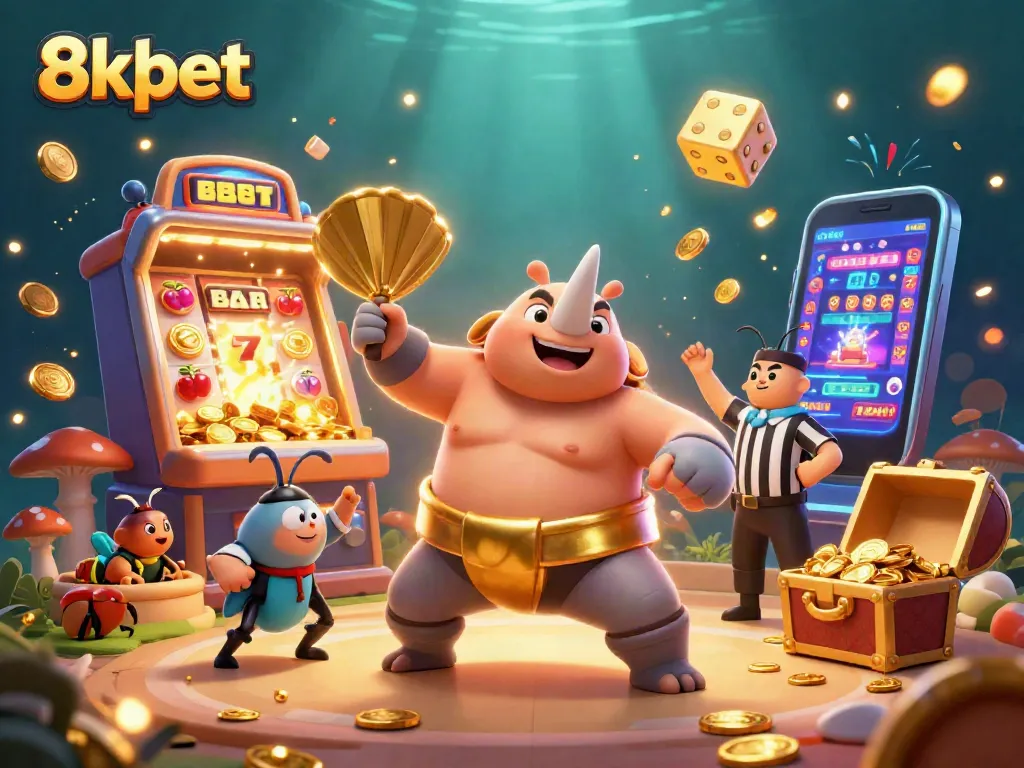 8xbet showcases a vibrant 3D casino scene with a rhinoceros beetle champion and explosive jackpot wins.