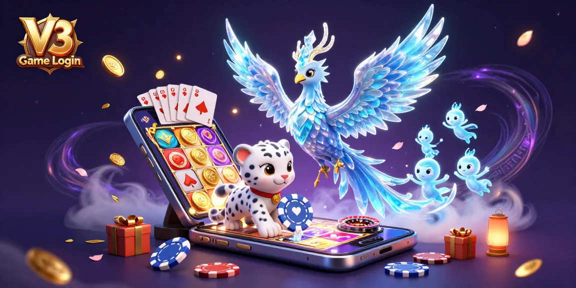 Experience secure access with V3 Game Login featuring vibrant gaming elements and playful characters.