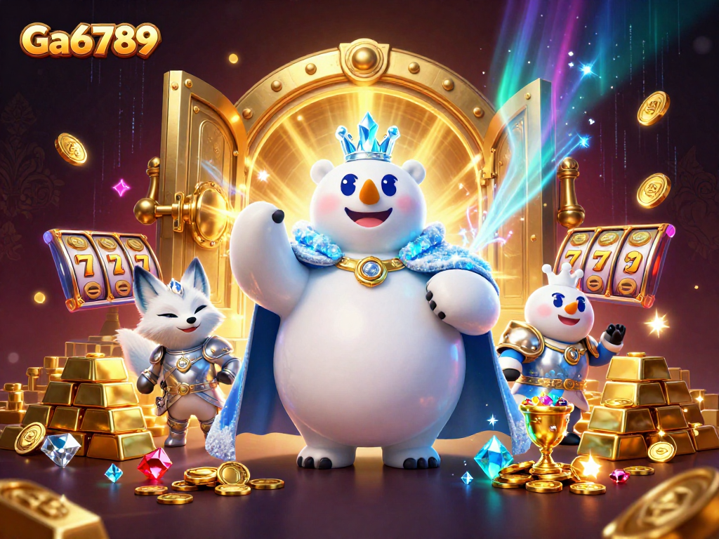 Experience thrilling wins at Ga6789 with vibrant slots and royal characters illuminated by treasure.