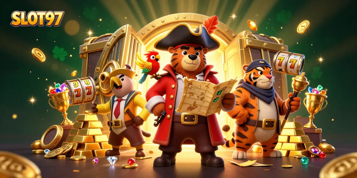 SLOT97 offers exhilarating slot games with high jackpots, portrayed creatively in this vibrant 3D scene.