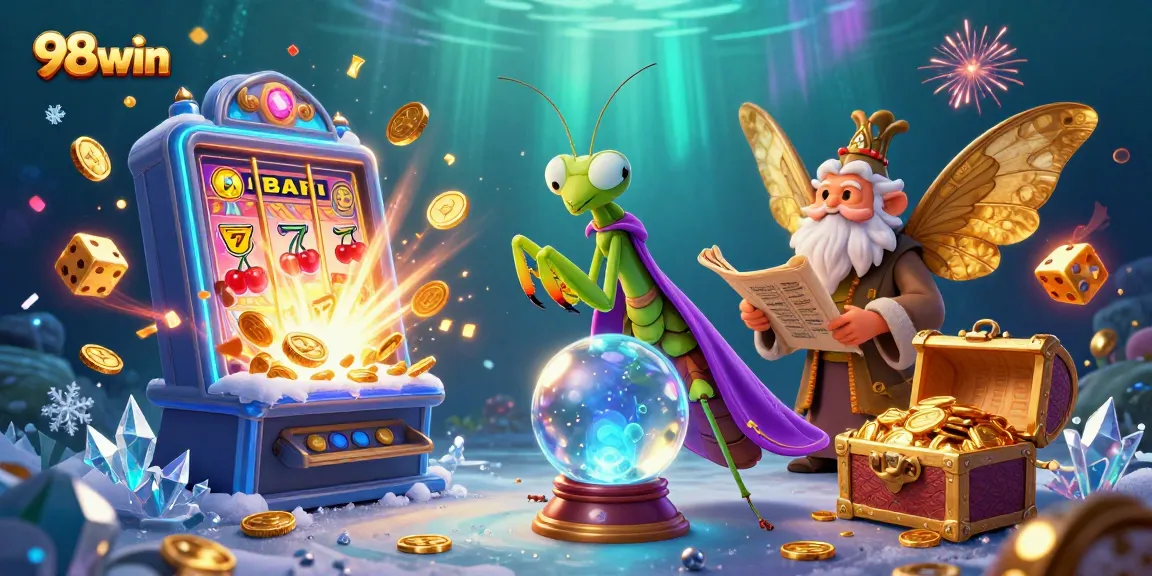 Win big at 98win with this vibrant slot machine explosion illustration featuring fortune teller characters.