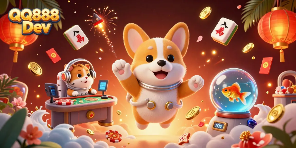 Experience the thrilling QQ888 Dev space casino with floating gold coins, vibrant gaming elements, and a delightful atmosphere.