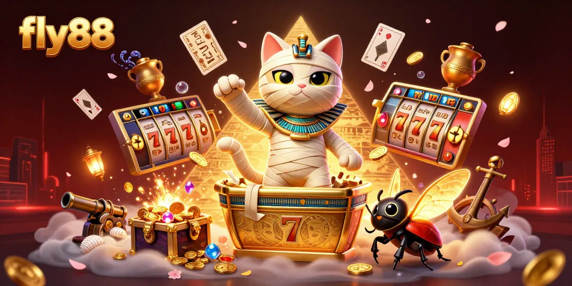 Experience fly88 with a vibrant 3D scene featuring an Egyptian mummy cat in a casino.