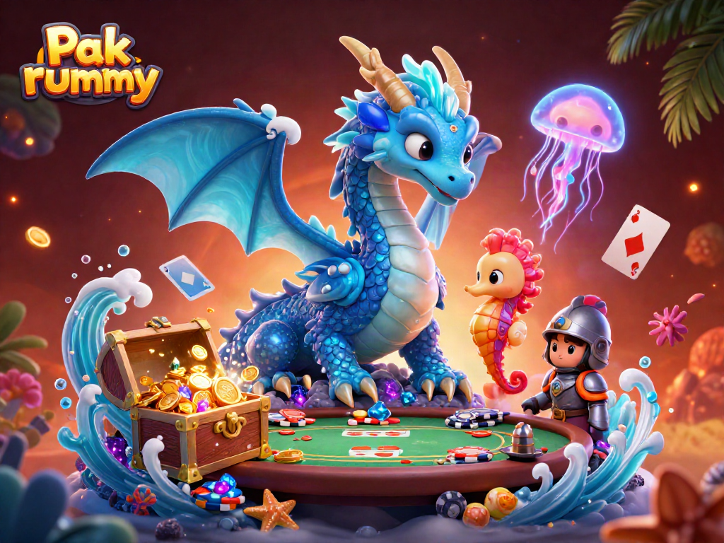 Experience thrilling Pak rummy gameplay with dragon and knight surrounded by poker elements.