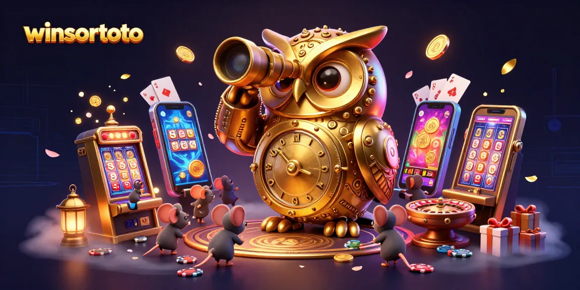 winsortoto's engaging scene displays a cartoonish golden owl overseeing animated gambling excitement, showcasing vibrant slot games and gold coins.