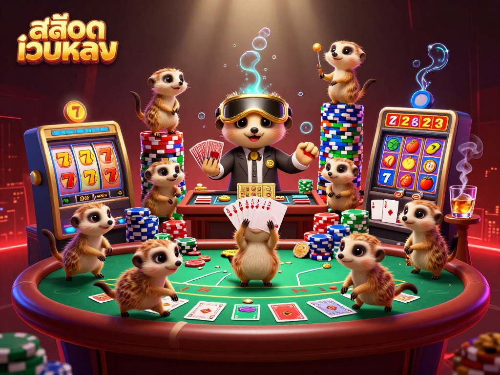 Experience thrilling action at สล็อตเว็บตรง with a lively casino scene featuring meerkats in dynamic roles.