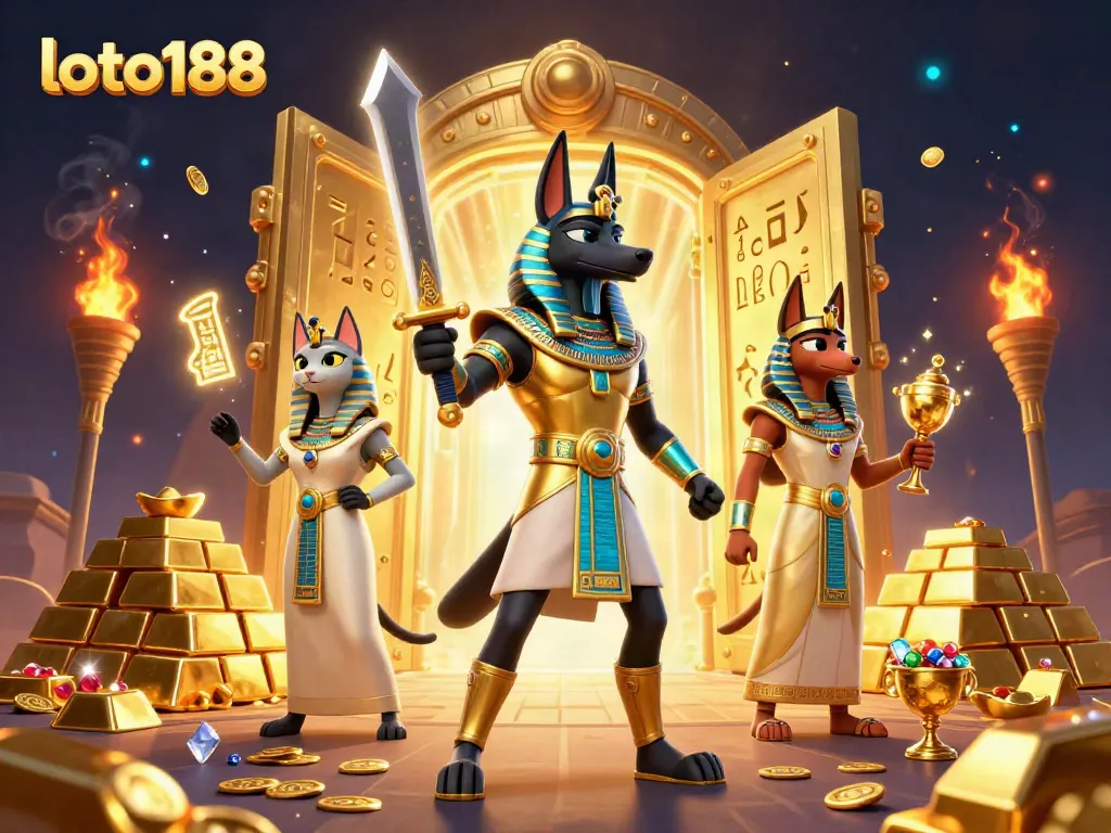 Loto188 showcases an ancient Egyptian warrior Anubis and Bastet amidst treasures in a vibrant casino-themed scene.