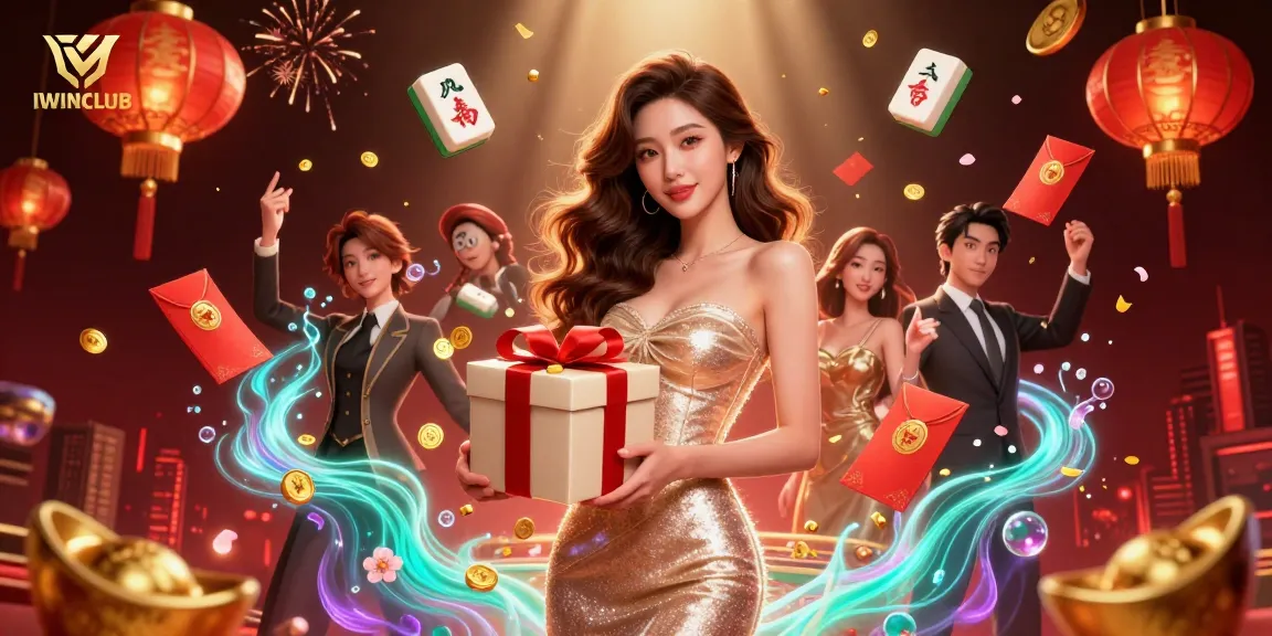 Engage in thrilling experiences at IWINCLUB with a cheerful Asian woman presenting golden coin surprises.
