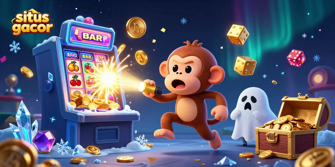 Experience excitement with situs gacor in a captivating casino scene featuring a lively monkey and ghost-hunter puppy.