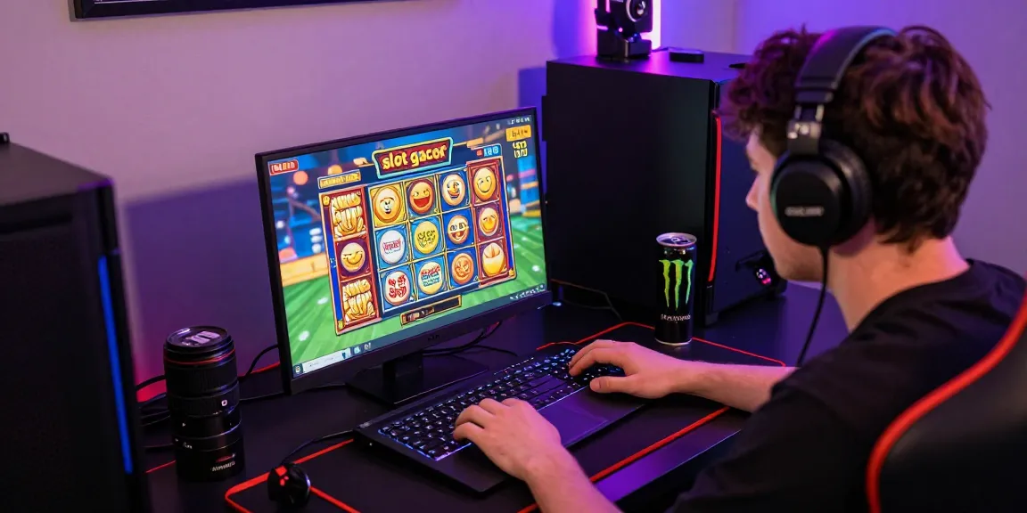Pemain fokus dalam permainan slot gacor hari ini dengan aksesori gaming yang cerah.