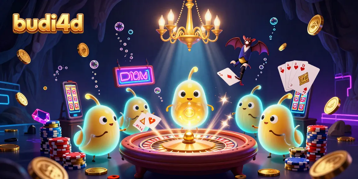 Budi4d illuminates a vibrant casino scene with colorful characters and glowing game elements