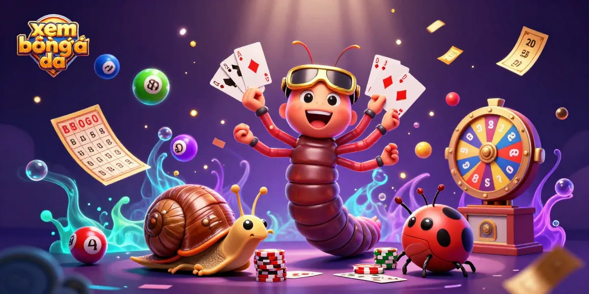 Xem bóng đá live with an engaging 3D scene featuring colorful lottery balls, a millipede dealer, and vibrant casino elements.