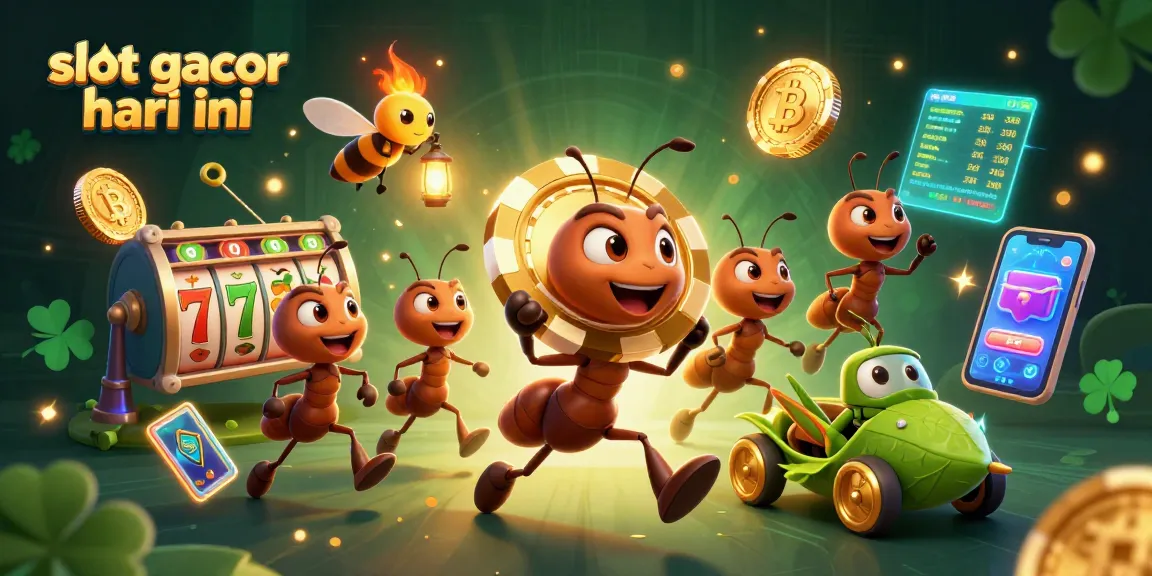 Mengungkap slot gacor hari ini dengan karakter kartun yang berlari membawa chip poker raksasa dan simbol slot berkilau.