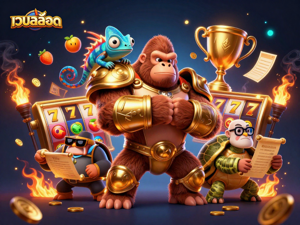 Experience thrilling เว็บสล็อต gameplay with a dynamic scene featuring a gorilla king, chameleon, and tortoise elder.
